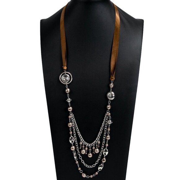 Gorgeous Gold Silver & Brown Beaded Ribbon Fashion Necklace - Picture 2 of 5